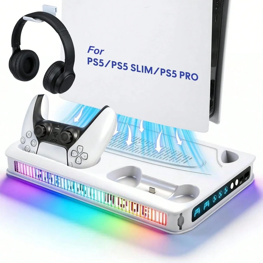 Pixel Style RGB Cooling Base, Compatible With P5, P5 Slim And P5 Pro Disc/Digital Edition, Dual Controller Charging Base, 3-Speed Turbo Cooling Fan, 9 RGB Lighting Modes, 3 DIY Customizable Display Panels, Headphone Holder And USB Expansion