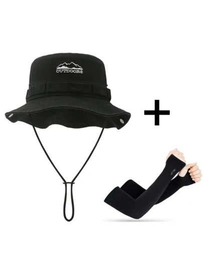 两件套：纯色字母刺绣渔夫帽和冰袖套，时尚涤纶防晒帽，适合户外活动、徒步、露营、旅行，是送给家人、朋友、男女朋友、圣诞节、母亲节、父亲节、教师节、生日的绝佳礼物。