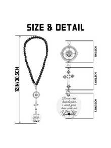 Fashionable Car Rearview Mirror Decor - Pink Rose Beaded Cross And Compass Pendant, Elegant Car Accessory Expressing Love And Faith - A - View 3