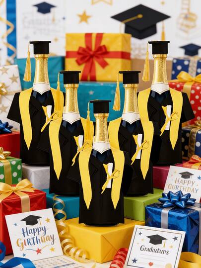 一件黑色和金色毕业礼服香槟酒瓶装饰，学院风奢华加厚毛毡3D长袍，带可拆卸流苏博士帽，桌面装饰礼品，适用于2026届毕业派对/大学毕业典礼/毕业晚宴/夏季庆祝活动