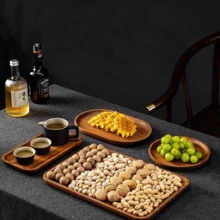 1件红木托盘，长方形木制家用餐具，茶杯碟，花瓣碟，西式圆形碟 - 棕色 - 查看 5