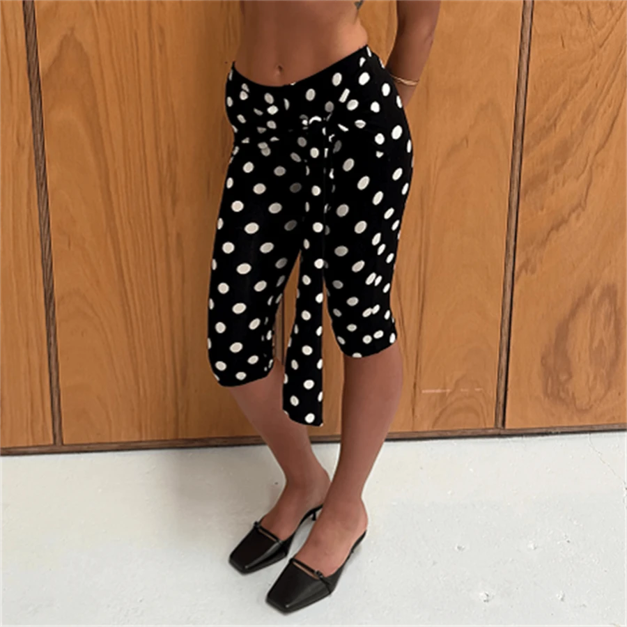 Women Polka Dot Skinny Capri Leggings Bow Tie Up Knee Length Capris Pants Sexy Stretchy Y2k Slim Fit Cropped Trousers - 黑色 - 查看 1