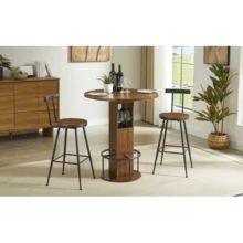 3-Piece Bar Table And Stool Set: 80cm Round Table With Two Stools, Wooden Dining Table With Ring-Shaped Metal Footrests. Suitable For Dining Rooms, Cafes, Bars, Living Rooms, Etc. Walnut. - Walnut - View 4