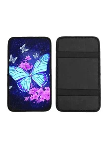 通用型汽车扶手套 - 蓝色蝴蝶和粉色樱花印花汽车中控台垫，易于安装，适用于所有车型 - A - 查看 8