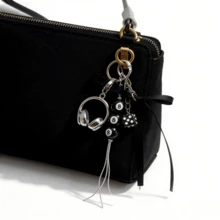 1pc Y2K Grunge Aesthetic Keychain Set With 8-Ball, Dice & Headphone Charms, Black Ribbon Bag Accessory - Black Eight - View 10