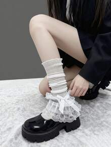 1双白色/黑色蕾丝边蝴蝶结洛丽塔风格甜美荷叶边腿套 - 彩色 - 查看 3