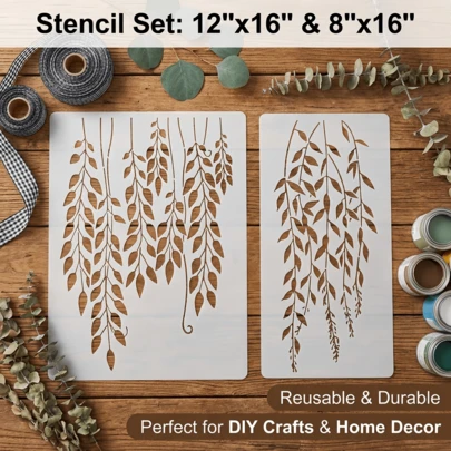 2张大型藤蔓绘画模板 - 藤蔓与春天主题模板，适用于墙面艺术、DIY工艺品、家居装饰、花园布置、家具翻新，包含电子模板