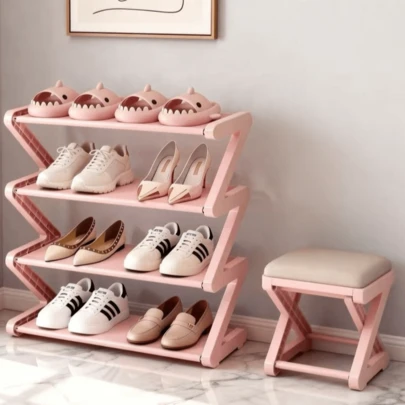 4-Tier Z-Shaped Shoe Rack, Space-Saving Storage Organizer For Entryway, Bedroom And Closet, Holds Up To 8-12 Pairs Of Shoes