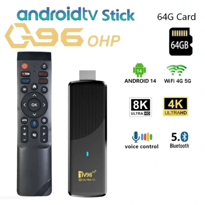Q96 OHP TV98 ATV X9 Smart TV Stick, Android 14 System, Allwinner H313 Chip, Supports OTA Upgrade, 64GB Storage, Supports 8K/4K Resolution, Media Player, 4G/5G WiFi, HDR10 And Voice Remote Control