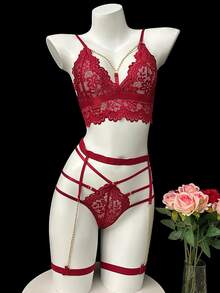 Conjunto de 2 piezas de lencería sexy con encaje, pijama sexy para mujer, camisa de cita, traje de bikini de tres puntos, conjunto de ropa interior para mujer - Rojo - Ver 5