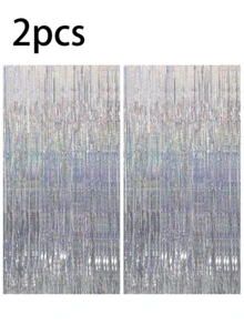 1/2片激光雨帘，银色金属流苏背景幕布，适用于生日、毕业典礼、订婚、新娘送礼会、万圣节、周年纪念日装饰，成人缎面薄纱帘，新年装饰，婚礼装饰，闪光铝箔流苏帘 - 查看 14
