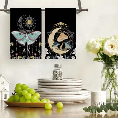 2/4/48pcs Kitchen Dishcloths With Black Background And Decorative Moon & Green Butterfly Pattern, Soft, Durable And Highly Absorbent, Suitable For Kitchen And Holiday Decor, Multipurpose, Highly Absorbent Kitchen Cleaning Towels