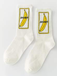 3双香蕉图案中筒袜，独特创意，舒适透气 - 白色 - 查看 3