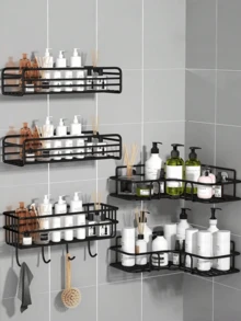 2pcs/1pc Stainless Steel Suction Cup Bathroom Shower Caddy, Bathroom Storage Rack - Black - View 2