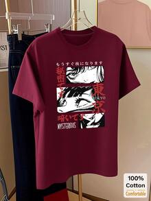 卡通图案短袖中长款T恤，女士夏季时尚休闲上衣 - 酒紅色 - 查看 5