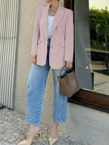 Chaqueta de blazer casual y elegante para mujer con cierre de botón y solapa entallada, adecuada para ir al trabajo y uso casual diario, color rosa - Rosa - Ver 7