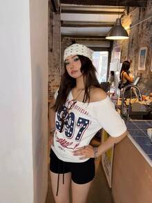 复古美式星形印花不对称领口休闲性感短袖修身时尚女式上衣 白色夏季 - 白色 - 查看 4