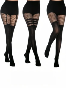 3双性感镂空连裤袜，镂空吊带渔网袜，夜店风丝袜（适合0XL-2XL码，体重135磅），款式随机 - 彩色 - 查看 15