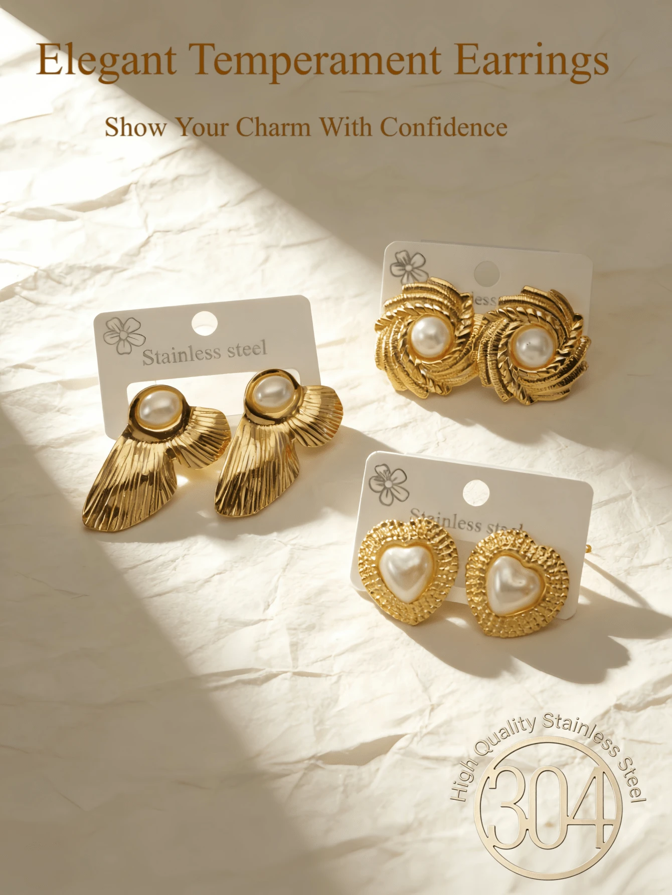 3对女士金色不锈钢耳环，18K镀金花卉不锈钢多元素耳环，酷炫沙滩贝壳耳环，防过敏蝴蝶耳环，宣言款粗耳环 - 彩色 - 查看 1