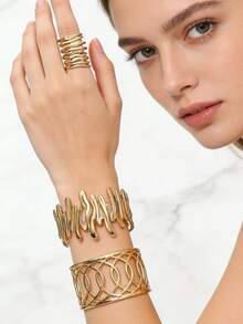 VceTd Bộ 2/3 vòng tay bằng thép không gỉ thời trang, có họa tiết rỗng/kim loại lỏng/hình lá, thích hợp cho phụ nữ đeo khi đi nghỉ mát ở bãi biển hoặc trong những dịp thường ngày. - Vàng - Xem 8