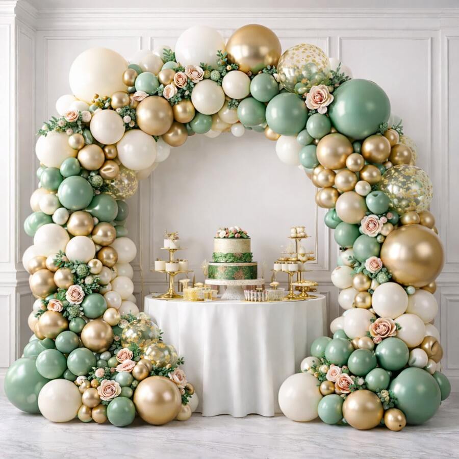 Eucalyptus Green And Gold Balloon Kit 115 Balloons + 5m Ribbon Smooth Metallic Balloon For Deconstructed Arch Chrome Balloon Party Decoration 6" 8" 10" 12'' Inches - Green - View 1