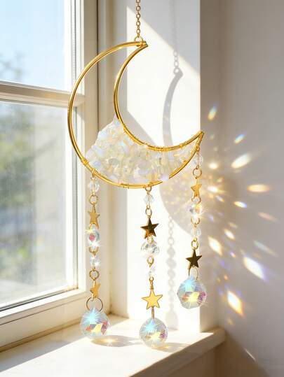 1pc Gold Crescent Moon Crystal Hanging Decor, Moonstone Crystal Suncatcher With Rainbow Maker, Boho Witch Style Room Decoration, Celestial Moon & Star Ornament, Spiritual Meditation Decor, Crystal Ball Pendant, Gift For Mom, Yoga Bedroom Living Room Kitchen Window Decoration, Bohemian Home Accents, Positive Energy Decor, Housewarming Gift, Crystal Healing Prism, Boho Home Accents, Witch Style Room Decoration, Celestial Window Sill Hanging