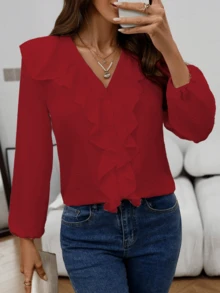 Women's Fashionable Elegant Casual Ruffle V-Neck Long Sleeve Blouse, Suitable For Spring And Autumn - Red - View 3
