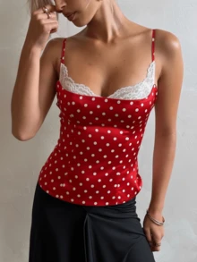 Retro Lace Patchwork Camisole For Women Polka Dots Back Button Slim Fit Tank Tops Spaghetti Strap Square Neck Open Back Cami Tops Summer Chic Tops For Going Out Casual Party/Concert Wear - 紅色 - 查看 3
