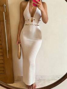 女士露背长款连体罩衫，系带露背设计，采用柔软面料，饰有闪亮亮片和海洋元素吊坠，适合海滩度假和泳池派对。 - 米色 - 查看 1