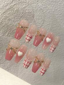 10pcs Pure Handmade Press On Nails Long Coffin Nail Pink White And Golden Nails With Three-Dimensional Heart And Checkered Pattern Frence Fancy Cute Pain Y2k Gentle Stroble Flash Temperament For Women And Girl,Spring Summer Fall Winter,Holiday And Daily Life Use - Pink - View 1