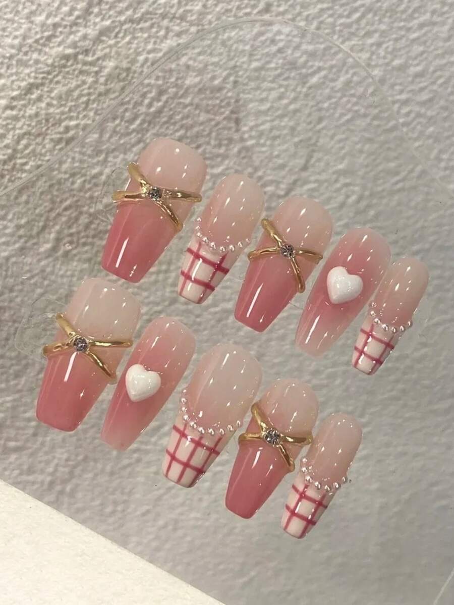 10pcs Pure Handmade Press On Nails Long Coffin Nail Pink White And Golden Nails With Three-Dimensional Heart And Checkered Pattern Frence Fancy Cute Pain Y2k Gentle Stroble Flash Temperament For Women And Girl,Spring Summer Fall Winter,Holiday And Daily Life Use - Pink - View 1