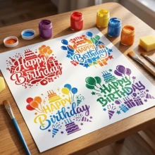 4件套生日主题绘画模具 - 适用于5.9英寸相框，DIY贺卡制作，更有意义的生日礼物，可重复使用的塑料绘画模具，包含“生日快乐”、“气球”、“礼物”和星星图案。书法字母模具。 - 套裝 - 查看 5