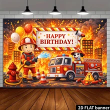 这款2D平面消防员主题生日派对横幅背景，以消防员、消防车、消防栓、交通锥、气球、火焰和烟雾元素为特色，采用耐用涤纶材质，无需电源，适用于室内/室外庆祝活动，可用作墙面装饰或拍照背景，适用于家庭聚会、办公室活动、户外派对、影棚布置、节日礼物等场合，轻便易挂，防水易清洁，装饰效果充满激情和趣味。 - 1 - 查看 4