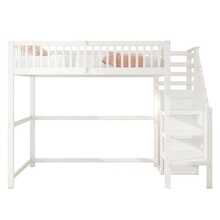 Letto a soppalco 90x200 con scala in legno bianco e ripiano portaoggetti/armadio singolo - Bianco - Visualizzare 2