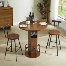 3-Piece Bar Table And Stool Set: 80cm Round Table With Two Stools, Wooden Dining Table With Ring-Shaped Metal Footrests. Suitable For Dining Rooms, Cafes, Bars, Living Rooms, Etc. Walnut. - Walnut - View 2