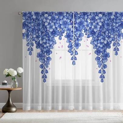 2PCS Blue Wisteria Flower Sheer Curtains With Falling Petals Print, Home Decoration Sheer Curtains, Artistic Style Elegant Sheer Curtains, Window Screens Suitable For Kitchens, Cafes, Restaurants, Balconies, Gardens, Bedrooms