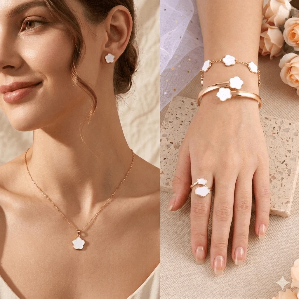 1件套韩式优雅五瓣花首饰套装，珐琅幸运花项链/耳环/手链/手镯/开口戒指，甜美女孩礼物 - 彩色 - 查看 1