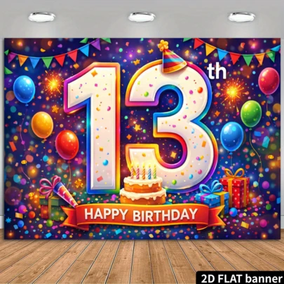 Mẫu banner sinh nhật lần thứ 13 dạng phẳng 2D, lấy số 13 làm chủ đề chính, được trang trí bằng bóng bay nhiều màu sắc, bánh sinh nhật, hộp quà, cờ trang trí, giấy kim tuyến và các yếu tố khác.
