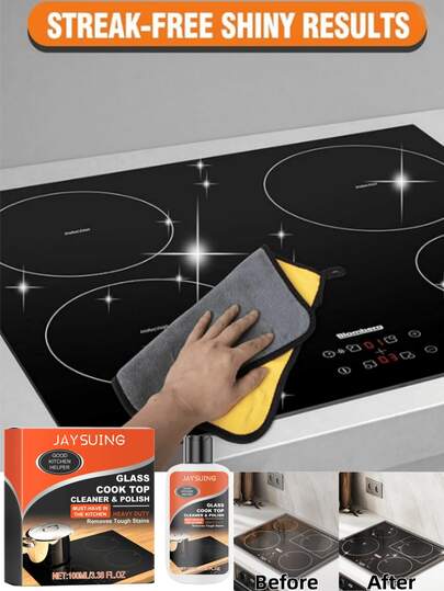  Jaysuing - Limpiador y pulidor de vitrocerámica de vidrio, adecuado para la limpieza de la cocina del hogar, descontaminación y limpieza de cocinas eléctricas y cerámicas, eliminación de grasa, limpieza intensiva, aplicable para la limpieza de la cocina del hogar, puede eliminar manchas instantáneamente y hacerlo brillar, limpiador y pulidor no abrasivo de 100ml