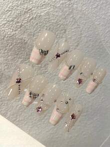 10片纯手工制作的按压式美甲，长棺材形，婴儿粉、白色和金色，带有立体蝴蝶结、星星和格子图案，法式时尚可爱，Y2K风格，柔和闪光，适合女性和女孩，春夏秋冬，节日和日常生活使用。 - 粉色 - 查看 1