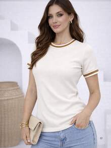 Women's Short-Sleeve Blouse In Ribbed Knit Fabric With Round Neck And Neck And Sleeve Details - Off - View 5