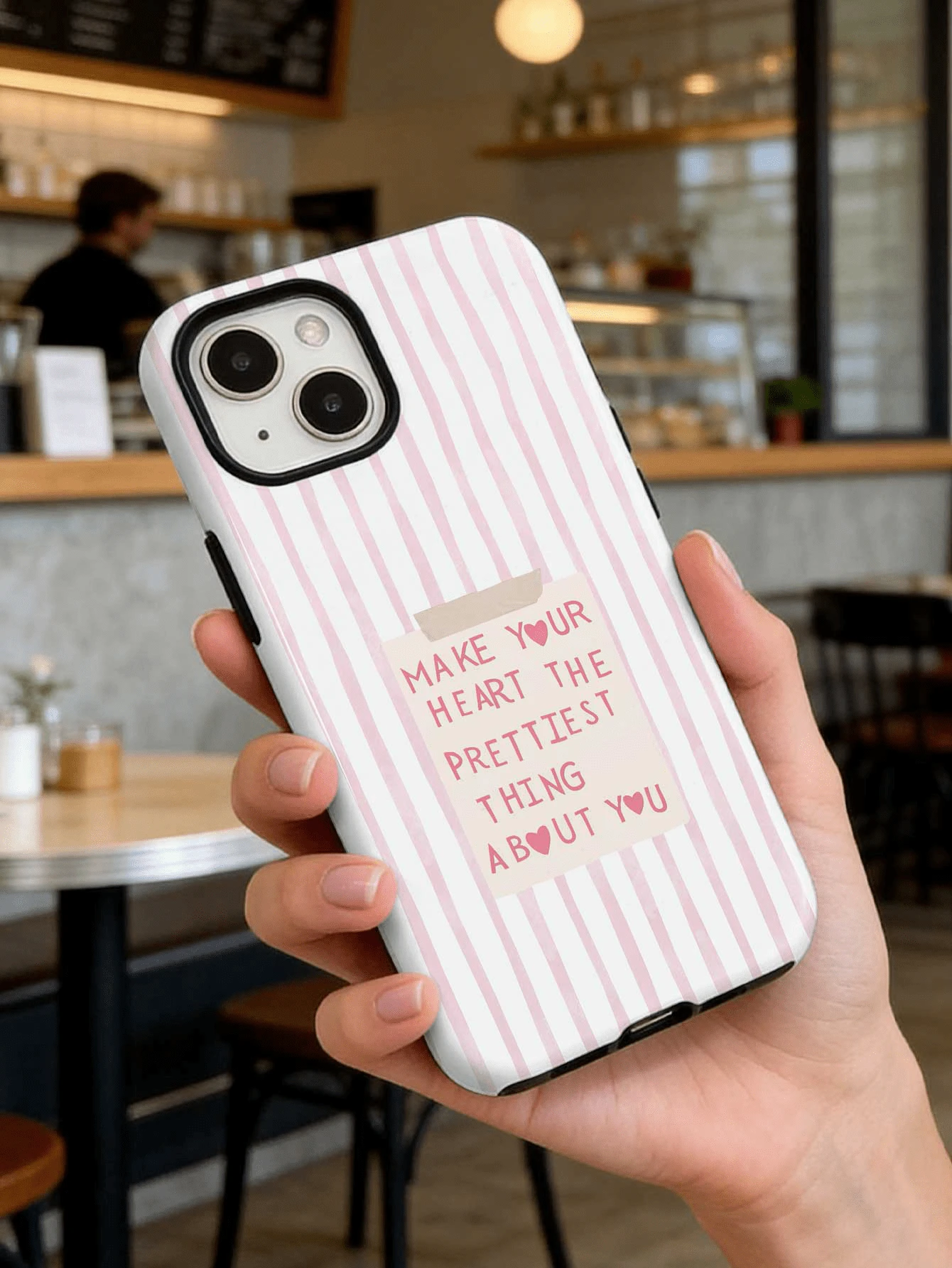 1pc Personalized Pink Line Slogan Sticker, Fashionable Striped Pattern Thick Shockproof Phone Case Compatible With Apple 11, 12, XR, 13, 13 Pro, 13 Pro Max, 14, 14 Pro, 14 Pro Max, 15, 15 Pro, 15 Plus, 15 Pro Max, 16, 16 Pro, 16 Plus, 16 Pro Max, 17 Air, 17 Pro, 17 Pro Max, Galaxy S25, Galaxy S25 Ultra, Galaxy S25 Plus, A55, A56, A35, A36, A17 - Multicolor - View 1