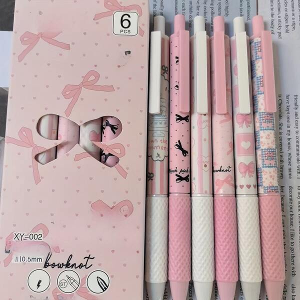 6pcs, Pink Bow Quick Dry Gel Pen, 0.5mm Fine Tip, Smooth Writing, Suitable For Office & Classroom Supplies, Teens Adults Home Office Family Education Classroom Writing Writing Writing Special Universal Writing Pen For Final Exam Gel Pen Ballpoint Pen Set, Holiday Stationery Gift Gifts