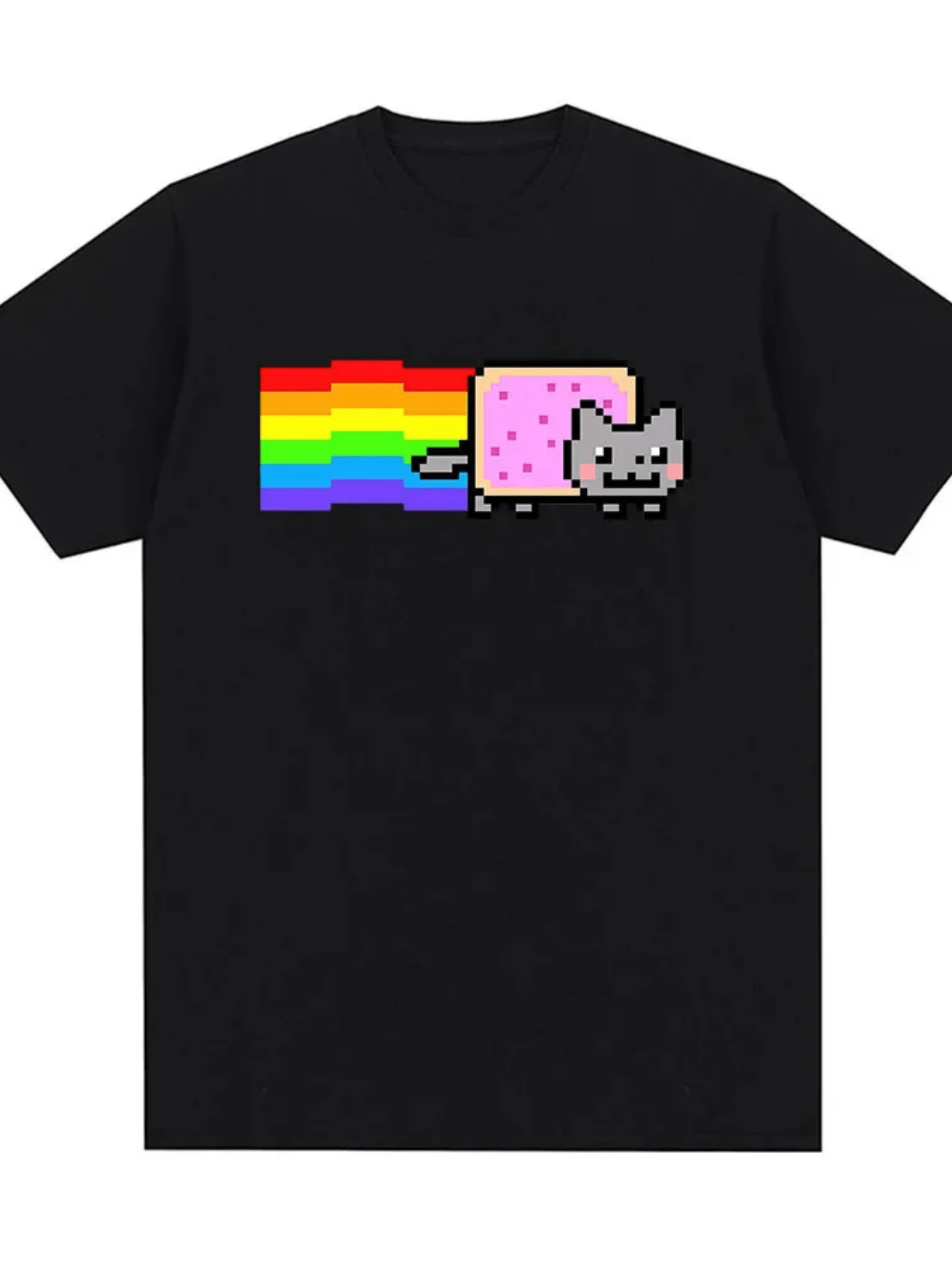 Kawaii Nyan Rainbow Cat Meme T-Shirt Men's Women Clothing Fashion Casual Cotton T-Shirts Harajuku Short Sleeves T Shirts - màu đen - Xem 1