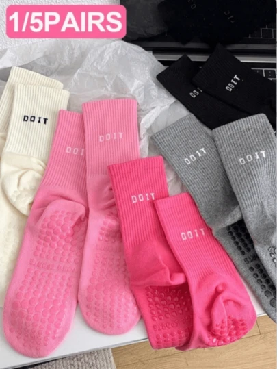 1/5 Pair Women's Professional Pilates Non-Slip Socks, Dopamine Letter Design Silicone Dot Breathable Crew Yoga Fitness Workout Socks