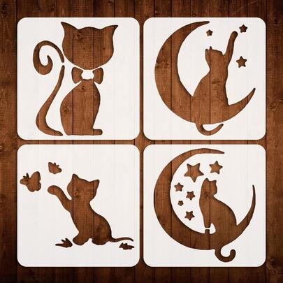 4pcs Cute Cat Theme Stencil Set - Suitable For Fabric, Painting, Glass And Crafts. Great For Wall Art, T-Shirts, Home Decor, Projects And Craft Templates