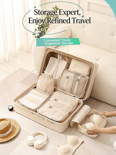 Cream-Colored Luxury Travel Organizer Set, Nylon Mesh Sorting Storage Bags, Luggage Clothing Underwear Organizer, Portable Foldable Space-Saving Dust-Proof Travel Essentials, Covering Various Sizes Of Clothing Bags, Intimate Bags, Shoe Separation Bags, Drawstring Pouches, Made Of High-Quality Nylon + Breathable Mesh Blended Fabric, Skin-Friendly , With Smooth Zippers, Fixed Webbing And Drawstring Closure Design, Subtle English Print On Solid Color Background, Exuding An Elegant Vibe