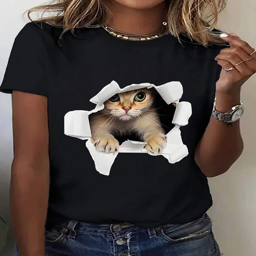 Camiseta de Manga Corta con Estampado de Círculos de Cerezas y Cuello Redondo - Multicolor - Ver 1