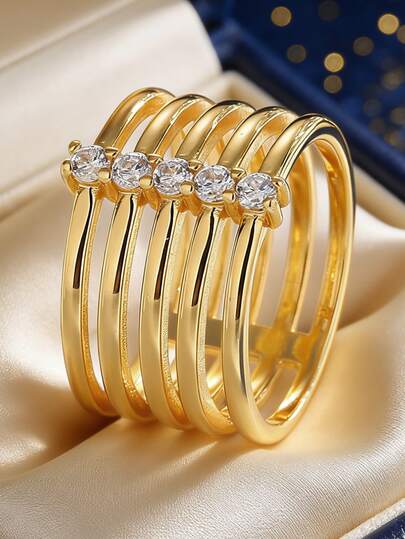 Women's Layered Hollow Ring, Adorned With Linear Zirconia Stones, Minimalist Elegant Design, Suitable For Daily Commute And Workwear, An Ideal Gift For Fashion Enthusiasts