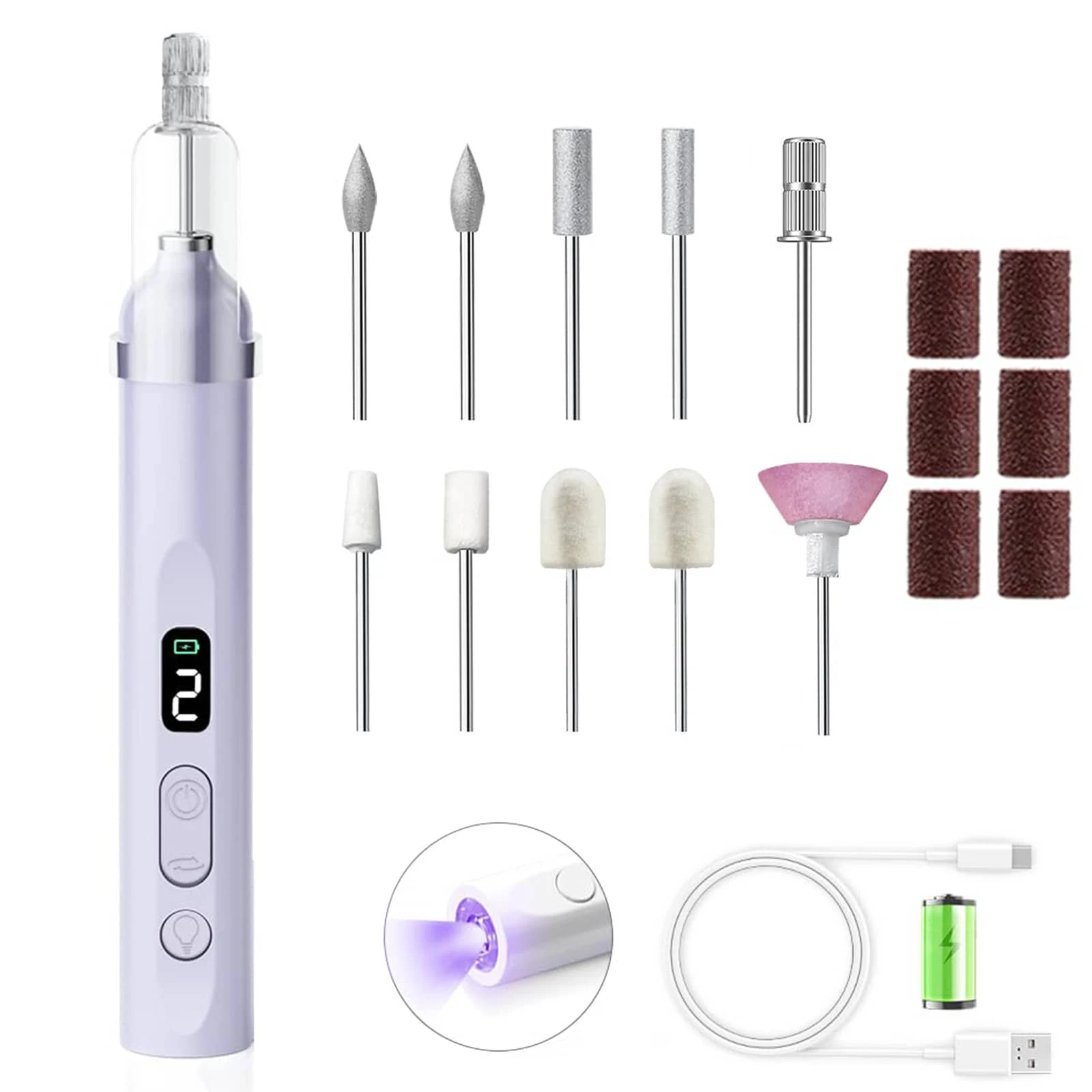 NEUZOJIT Nail Drill And UV Light Set, Portable Electric Nail Drill And UV Nail Lamp 2 In 1 Nail Tools With LED Display, 3 Speed Fast-Dry Rechargeable Nail Drills Machine For Curing Polish And Remove - 淡紫色 - 查看 1